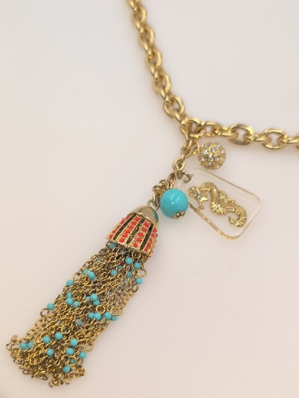 Lilly Pulitzer Gold-Tone Tassel Necklace Turquoise and Seahorse Nautical Accents